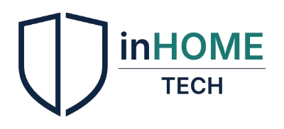 Logo for inHOME TECH featuring a navy shield icon to the left and the text 'inHOME TECH' with 'inHOME' in teal and a divider line.